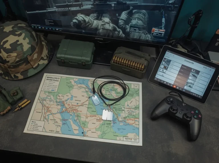 Military gear and tactical tags on a console desk