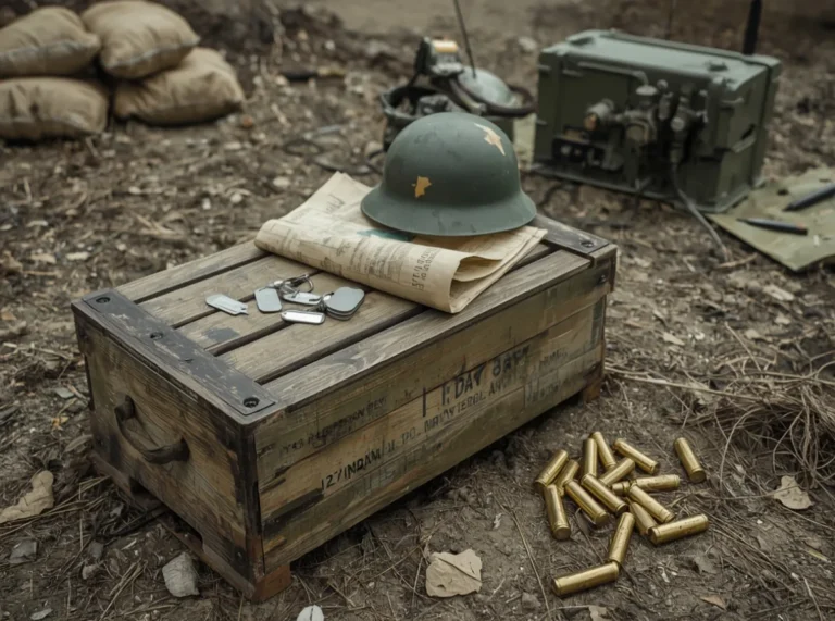 WWII military tags on a wooden crate