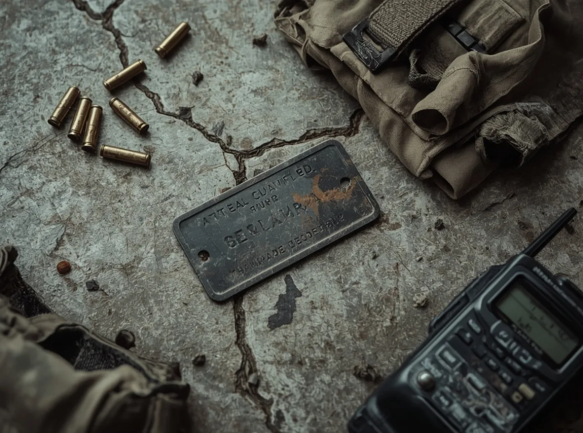 Gritty game name concept on a worn metal tag