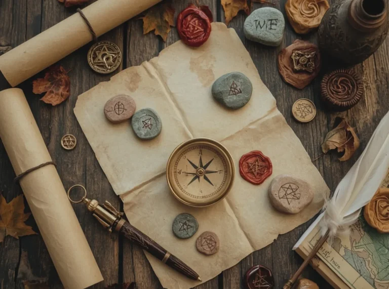 Ancient fantasy name scroll beside relics