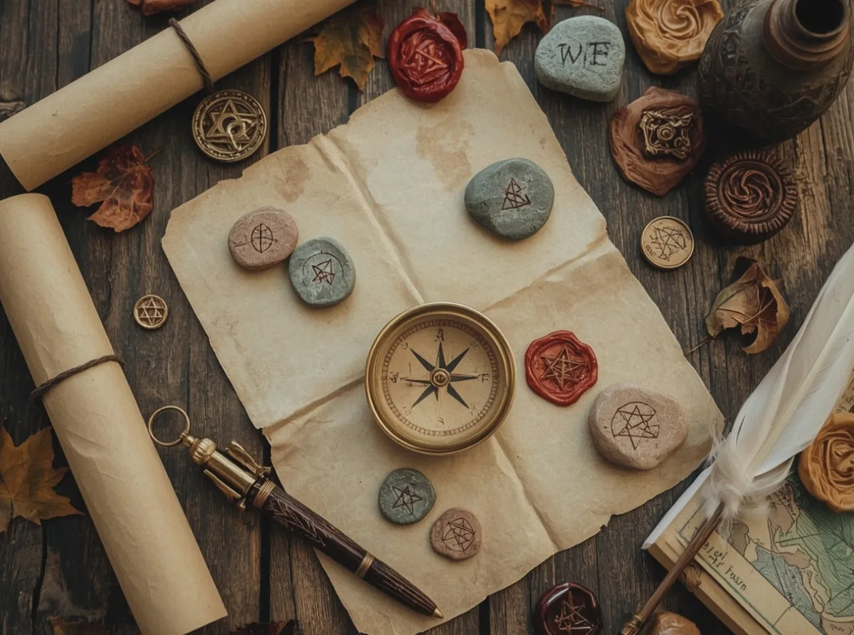 Ancient fantasy name scroll beside relics