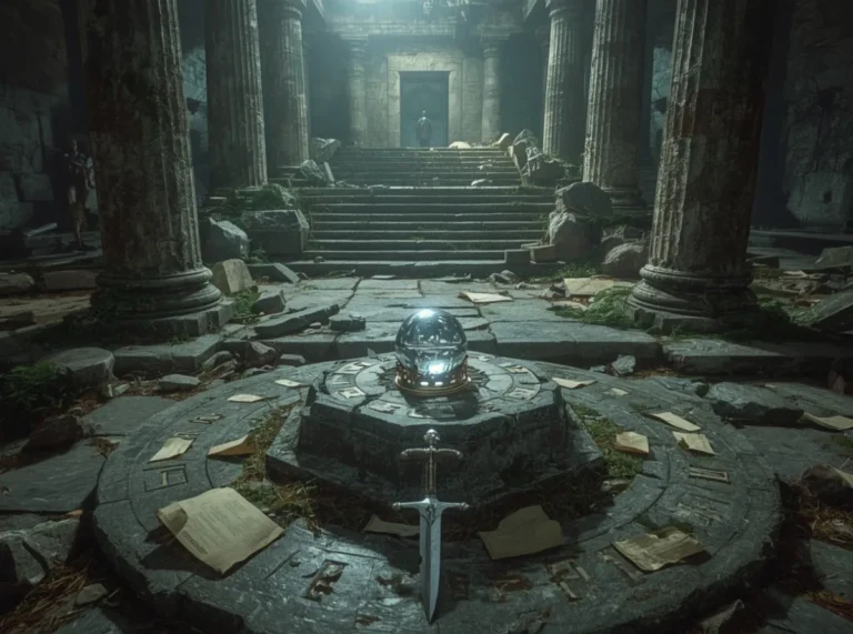 Ancient runes and crown beside a glowing crystal