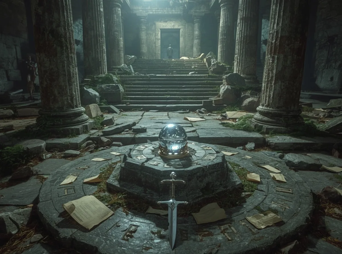 Ancient runes and crown beside a glowing crystal