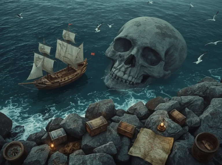 Pirate ship beside a moonlit skull-shaped cove