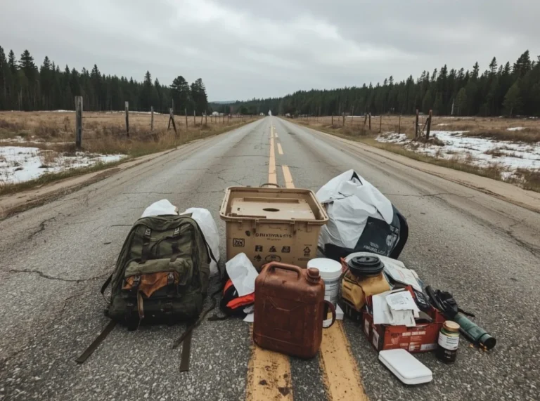 Dark survival gear on an abandoned road