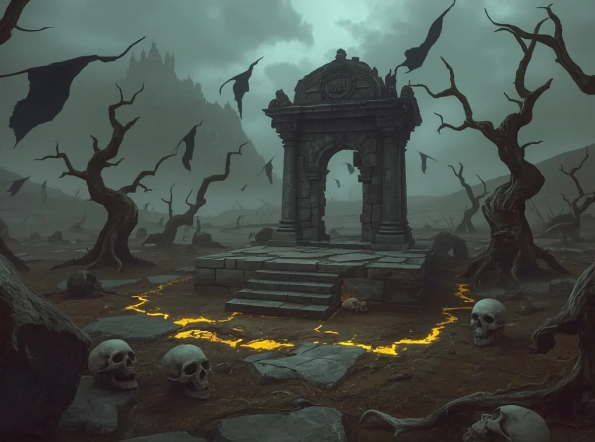 Ancient dark shrine and broken runes