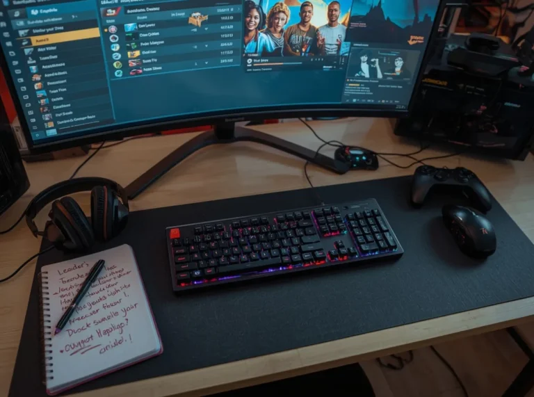 Dark gaming keyboard and leaderboard notes