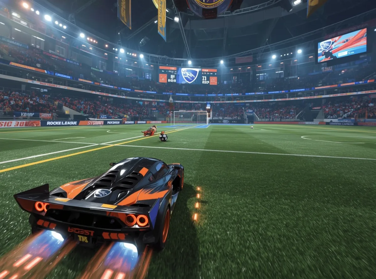 Rocket League car near glowing boost pads