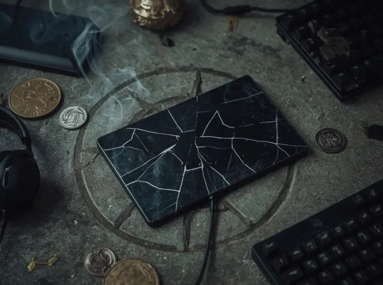 Dark gaming tag on a cracked obsidian screen